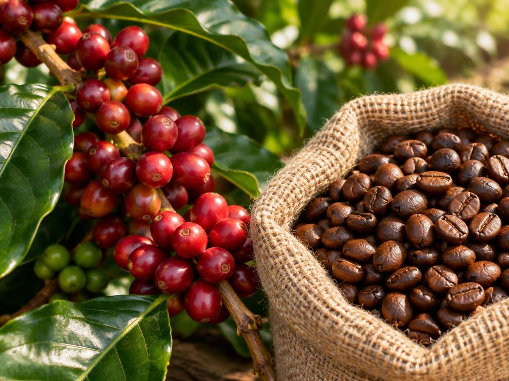 Coffee cherries and roasted Ethiopian coffee beans